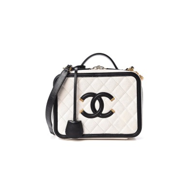 CHANEL CAVIAR QUILTED MEDIUM CC FILIGREE VANITY CASE WHITE BLACK (20*15*8cm) 
